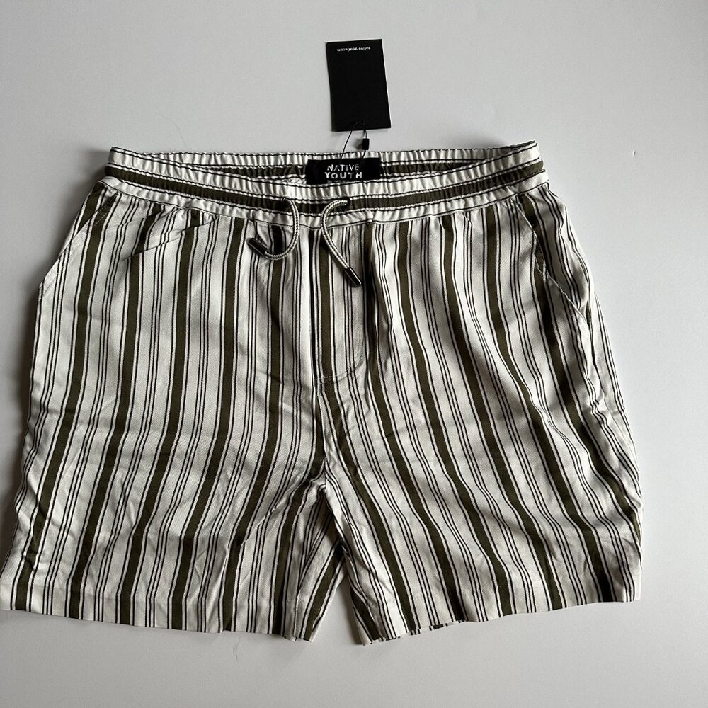 NATIVE YOUTH Olive Green/ Cream Farrell Striped Shorts